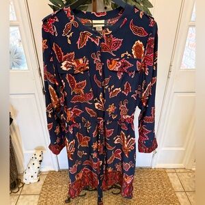 Liz Claiborne Paisley Print Midi Button Down Belted Shirt Dress LS XL